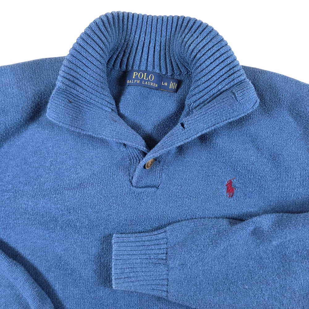 Polo Ralph Lauren Button Mock Neck Sweater Mens Large Blue Cotton RN41381